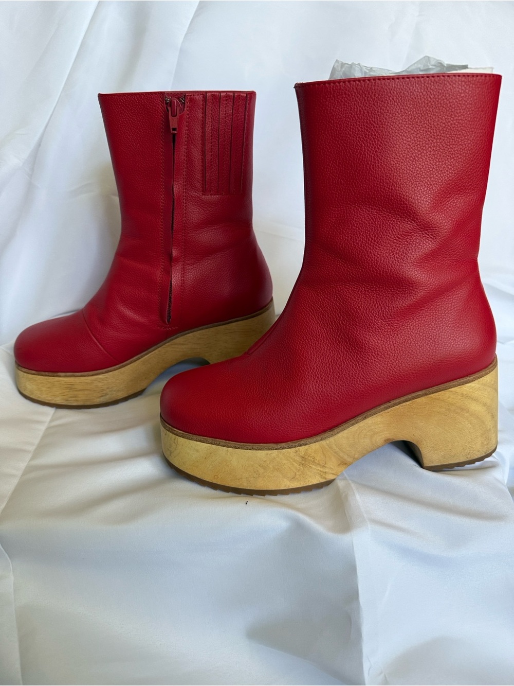 Charlotte Stone Red Leather Wood Platform Mid-Calf “Isla” Boots • 7 - Picture 2 of 5